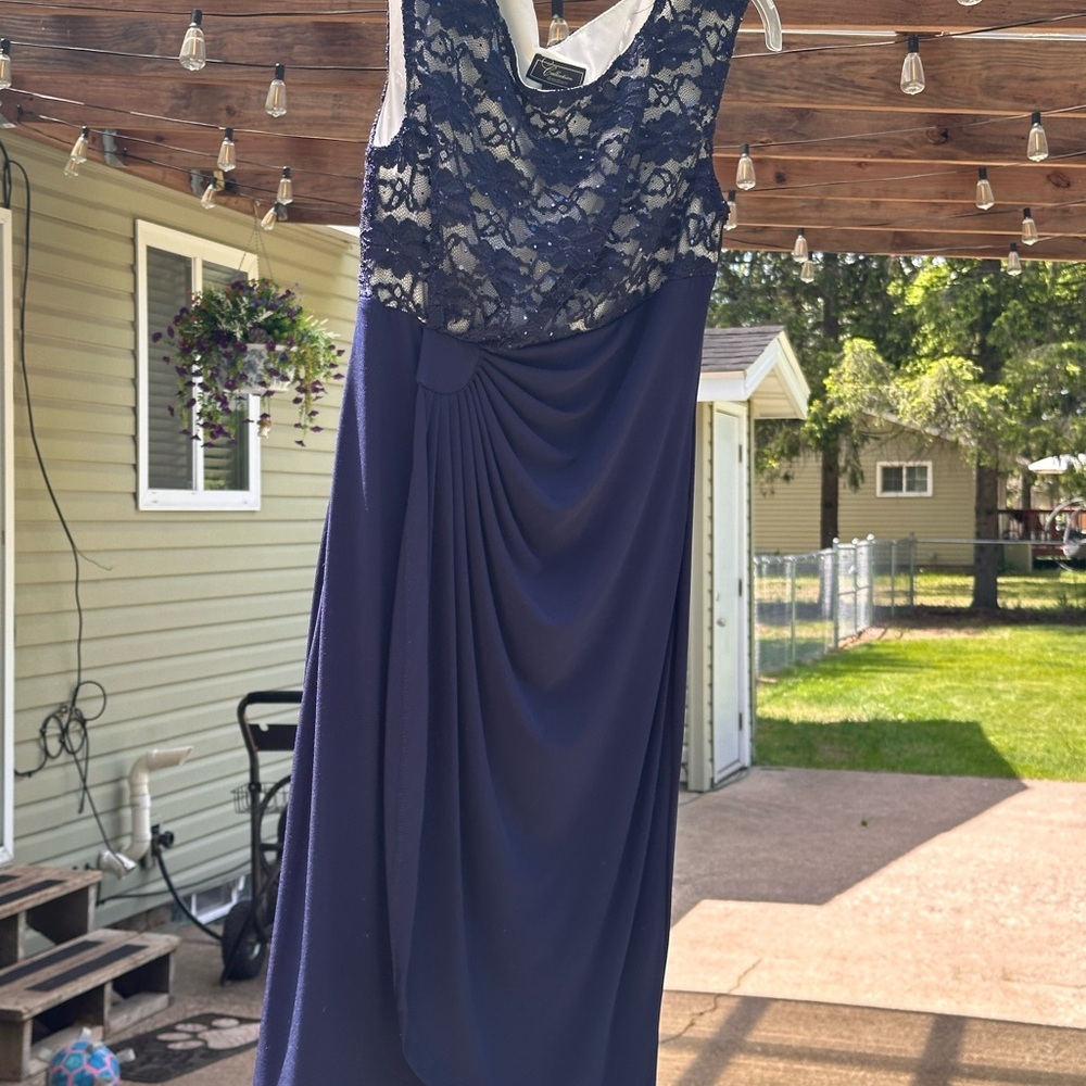 Dress Barn Asymmetrical Ruched Blue Sparkling Embellishment Gown Women’s 10 NWOT
